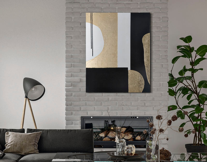 Modern Aranyszínű & Fekete & Fehér Geometrikus Festmény