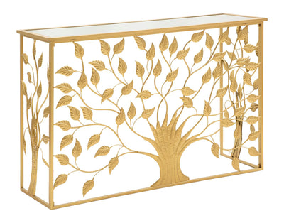 Aranyszínű Fém és Üveg Konzolasztal Fa alakú Díszítéssel