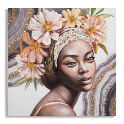 Fekete Nő Virágos Fejdísszel Kézzel Festett Festmény