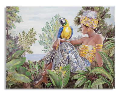 Afrikai Hölgy az Őserdőben egy Papagájjal Kézzel Festett Festméy