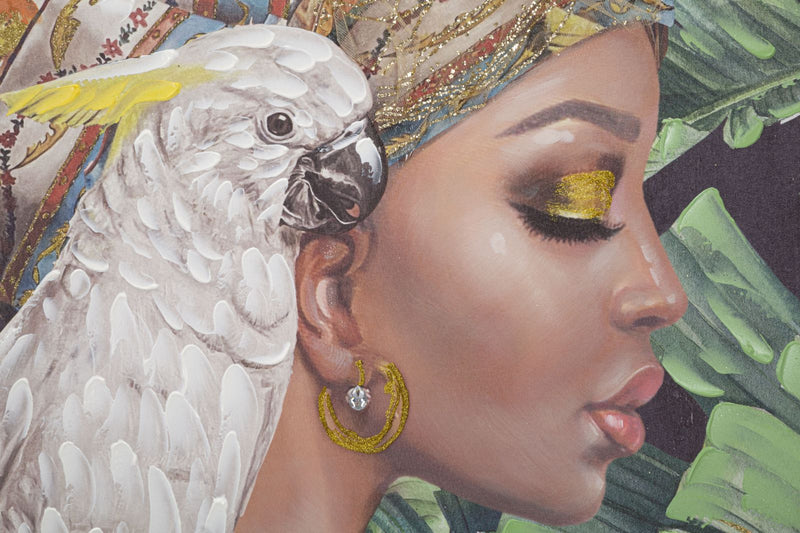 Afrikai Hölgy az Őserdőben egy Papagájjal Kézzel Festett Festméy