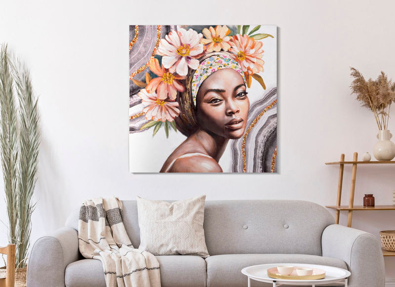Fekete Nő Virágos Fejdísszel Kézzel Festett Festmény