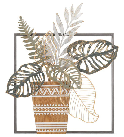 Váza Trópusi Levelekkel Fém és Fa Fali Dekoráció