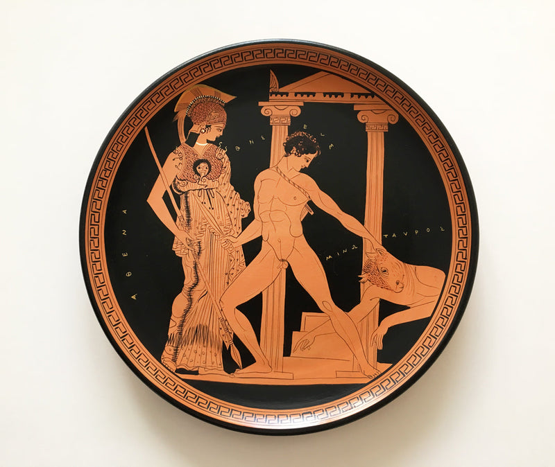 Vörösalakos görög tányér Athénével és Thészeusszal